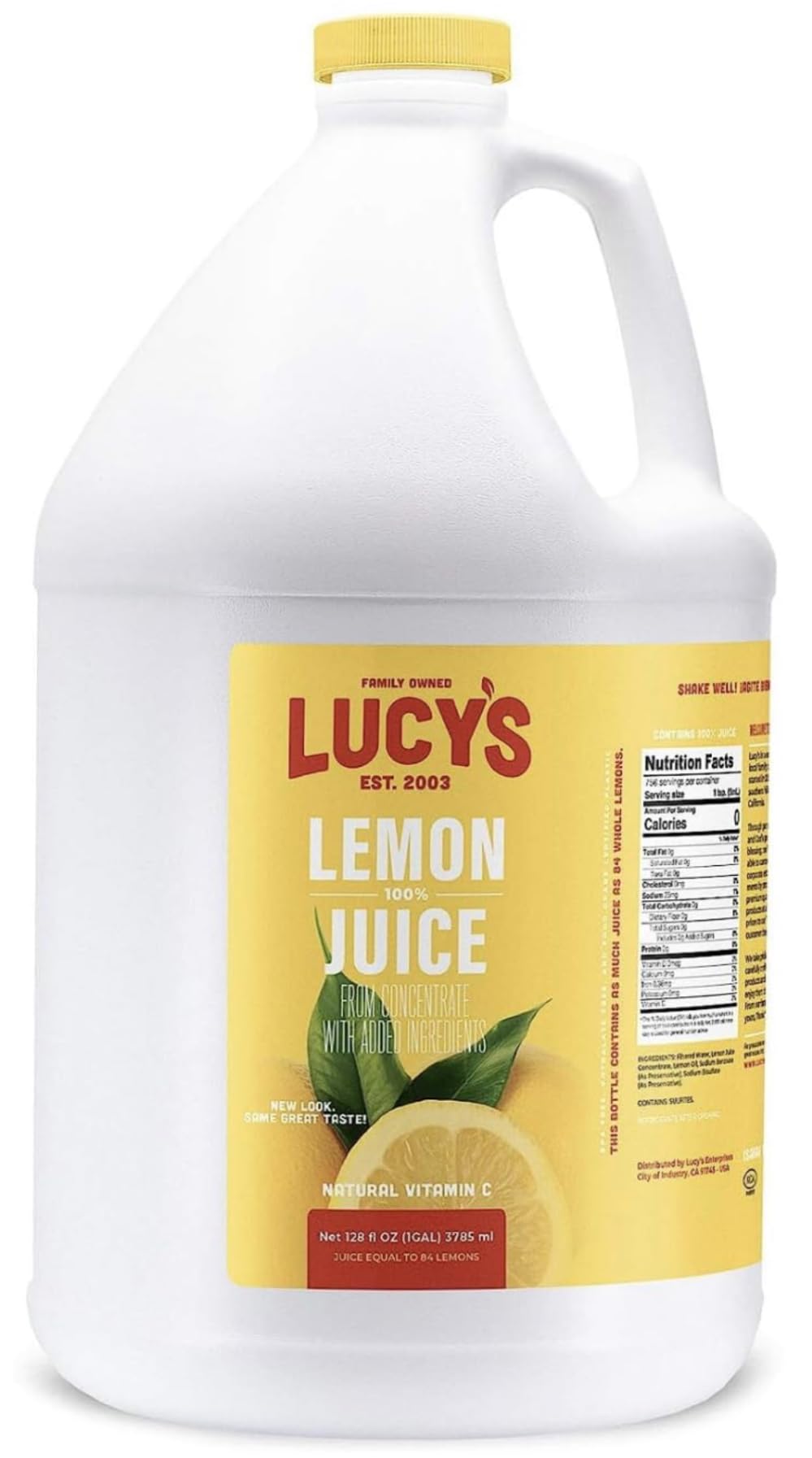 Lucy’s Lemon Juice Gallon label with 128 oz and family heritage.