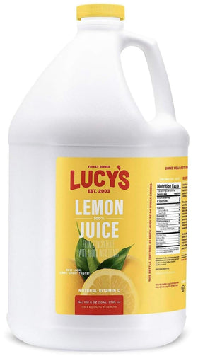 Lucy’s Lemon Juice Gallon label with 128 oz and family heritage.
