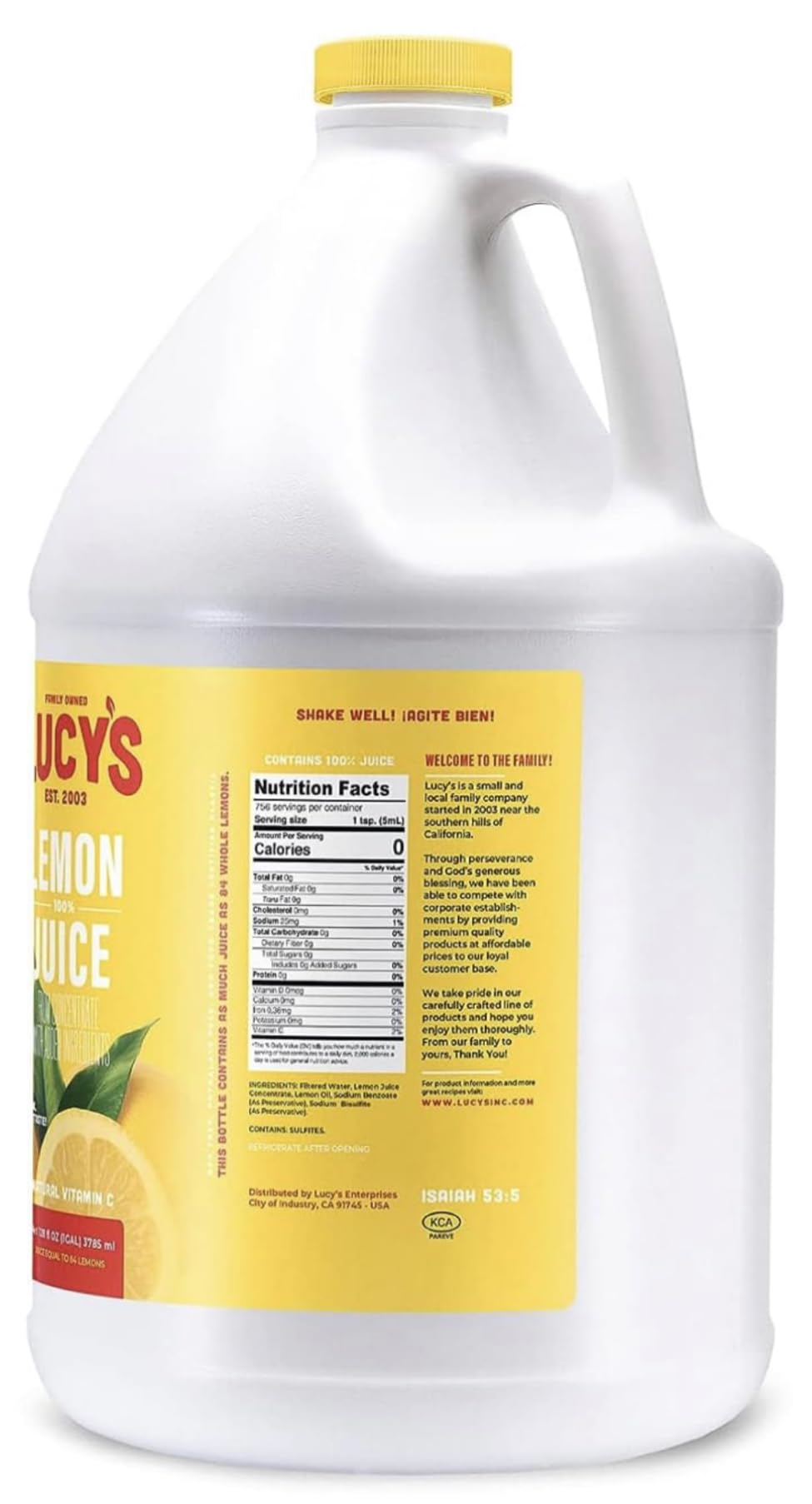 Pouring Lucy’s Lemon Juice Gallon to show easy dispensing.