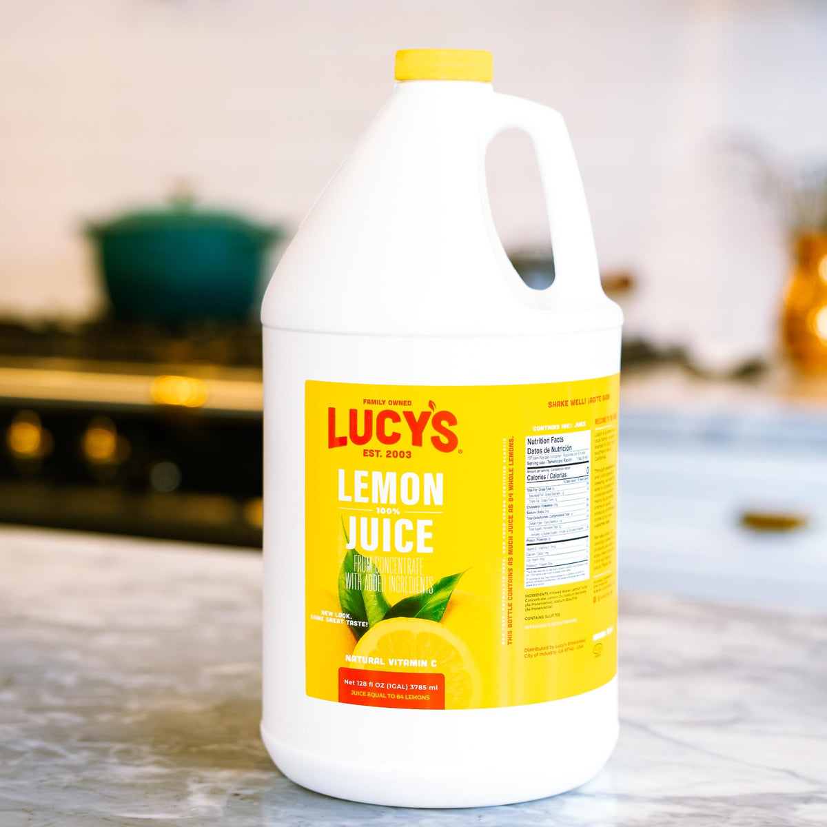 Lucy’s Lemon Juice Gallon stored in pantry for long shelf life.