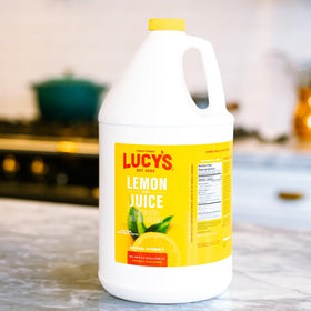 Lucy’s Lemon Juice Gallon stored in pantry for long shelf life.