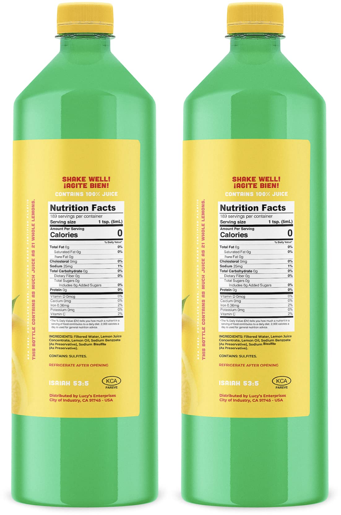 Lucys Lemon Juice two-pack bottles poured for easy beverage measurements.