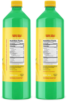 Lucys Lemon Juice two-pack bottles poured for easy beverage measurements.