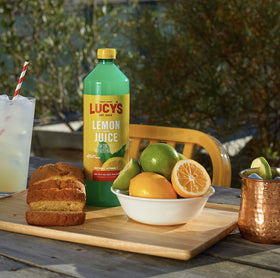 Label detail of Lucys Lemon Juice two-pack with concentrate and lemon oil.