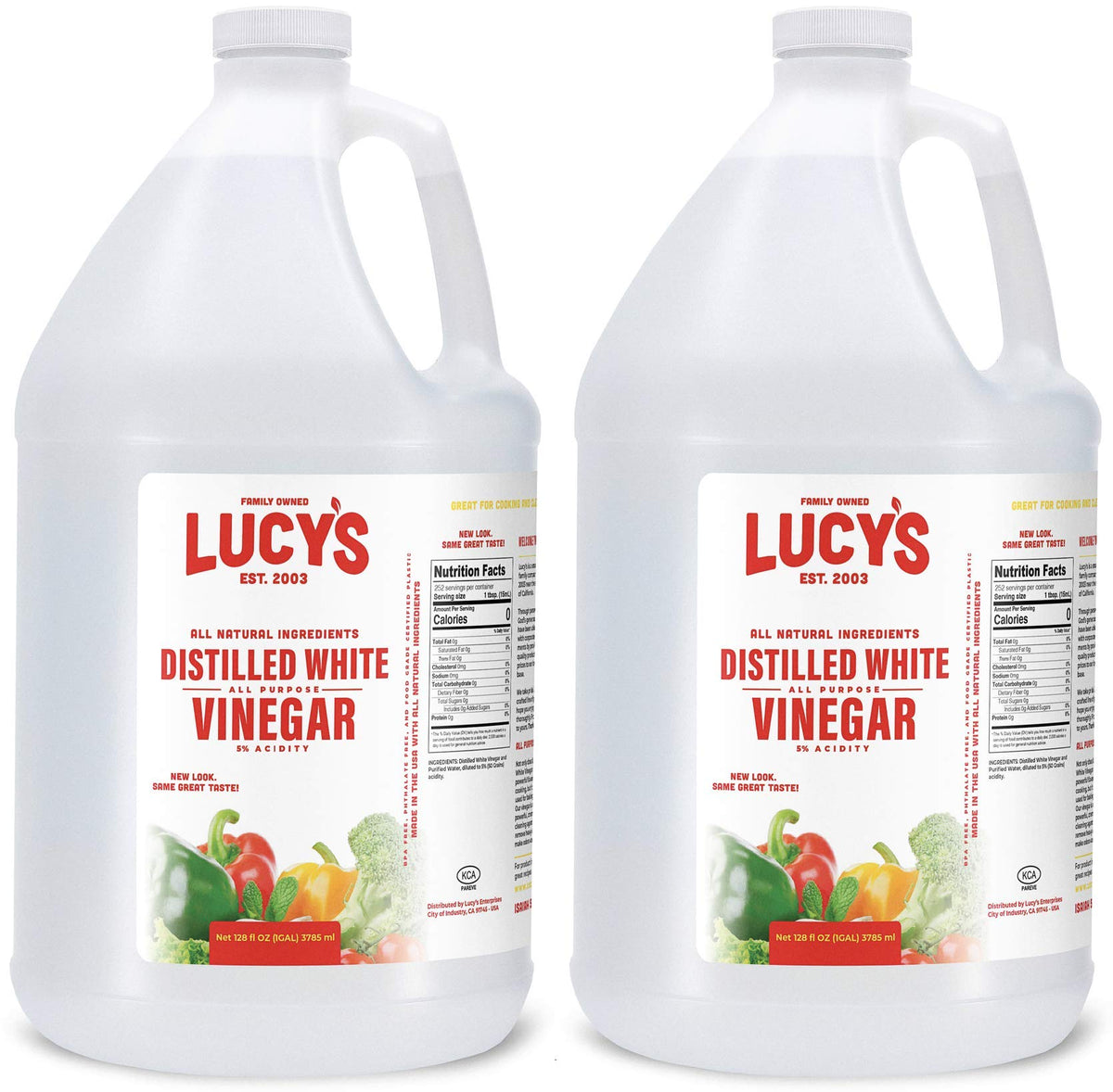 Lucy’s Natural Distilled White Vinegar bottle, a versatile kitchen staple for food prep and cleaning.