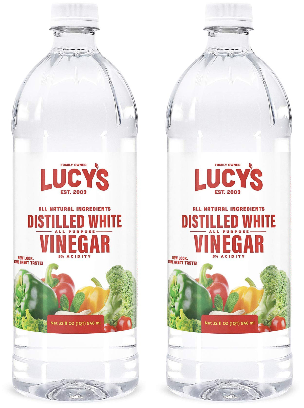 Lucy's White Vinegar 32oz bottles, reusable pack for versatile kitchen cleaning and cooking prep.