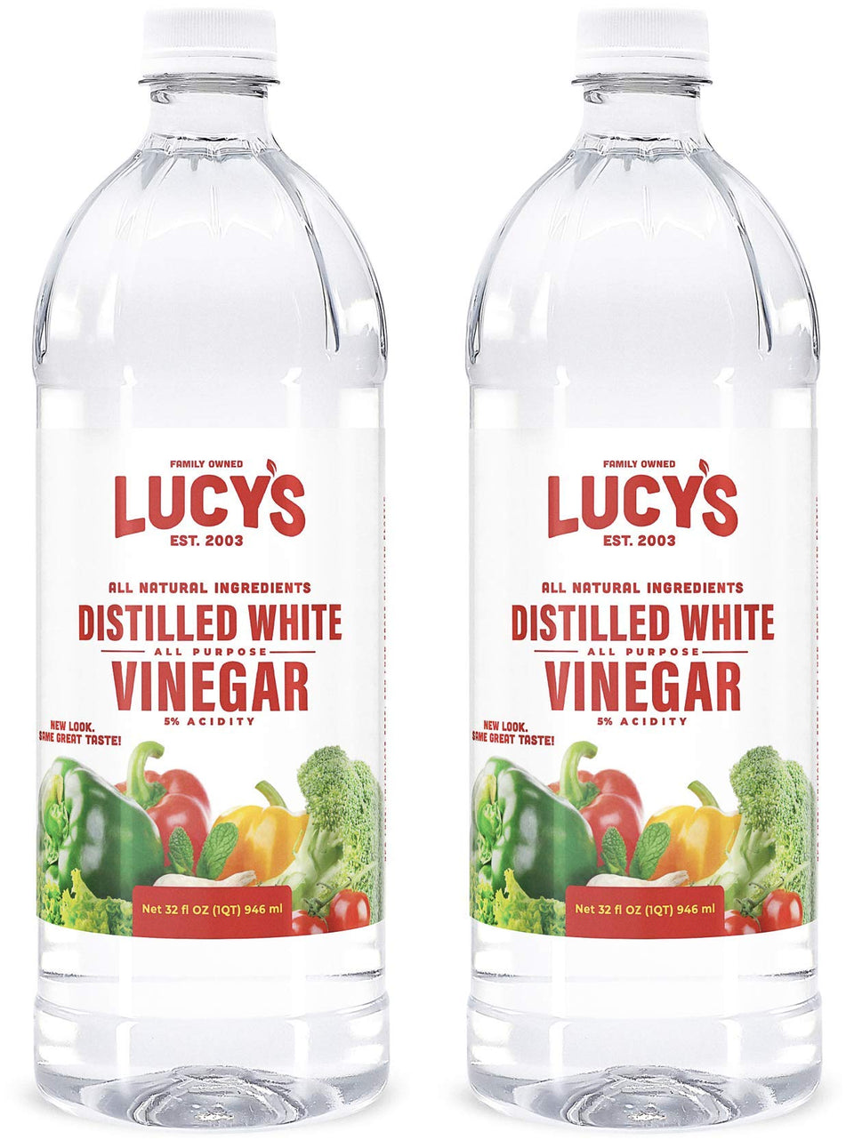 Lucy's White Vinegar 32oz bottles, reusable pack for versatile kitchen cleaning and cooking prep.