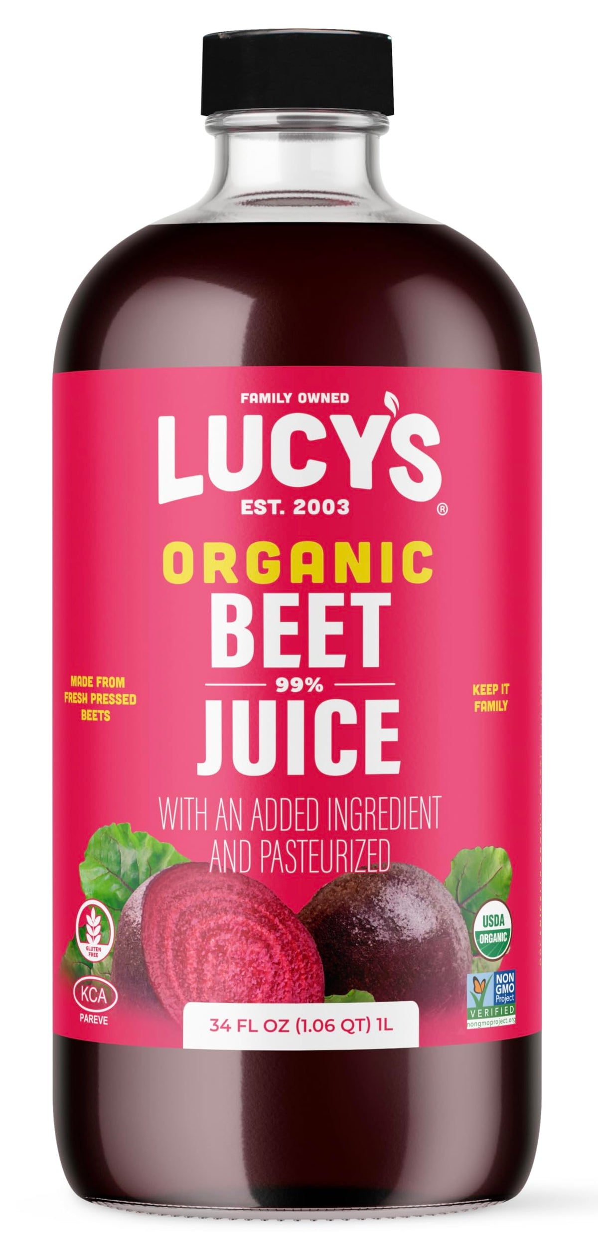 Lucy’s Organic Beet Juice bottle in glass shows a rich ruby color and purity.
