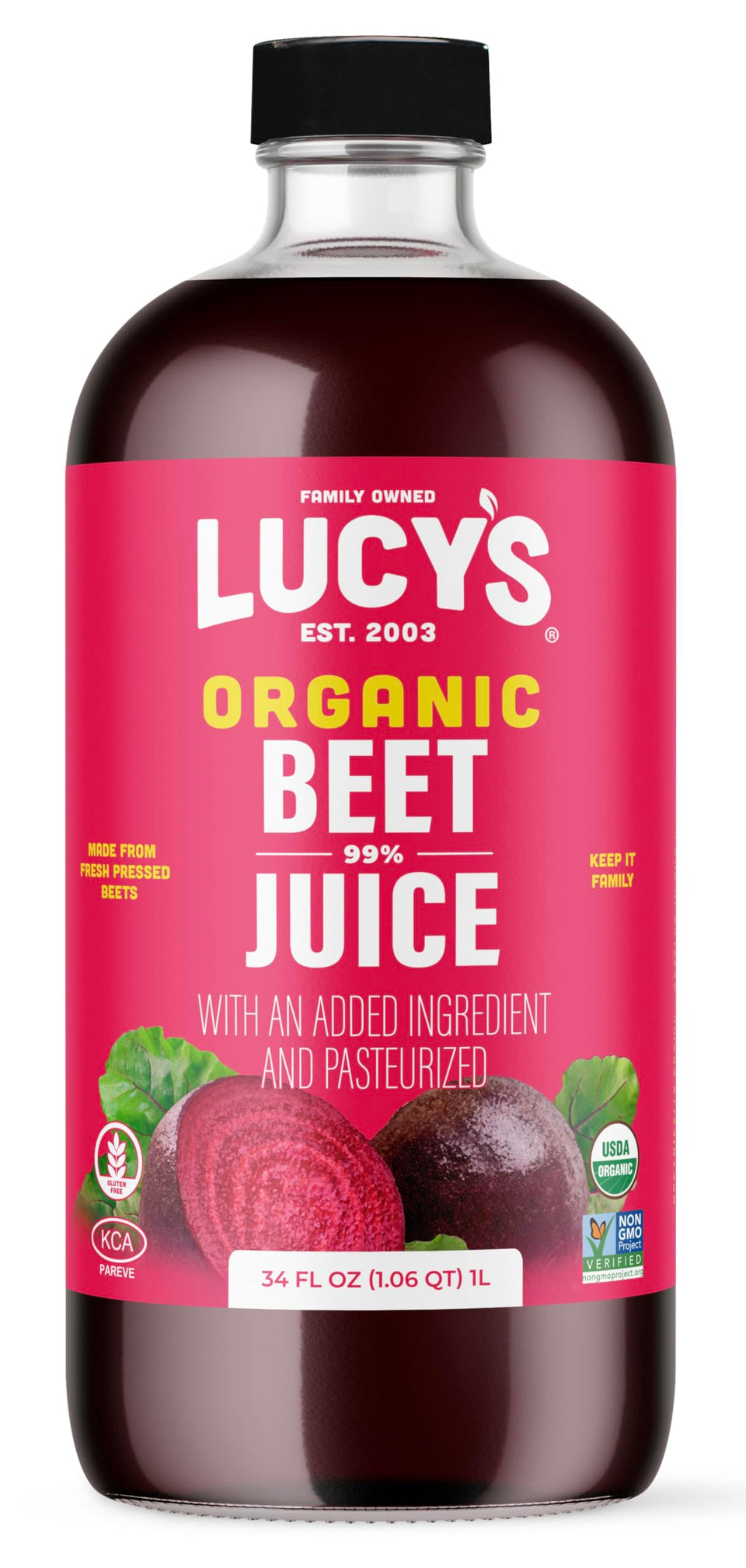 Lucy’s Organic Beet Juice bottle in glass shows a rich ruby color and purity.