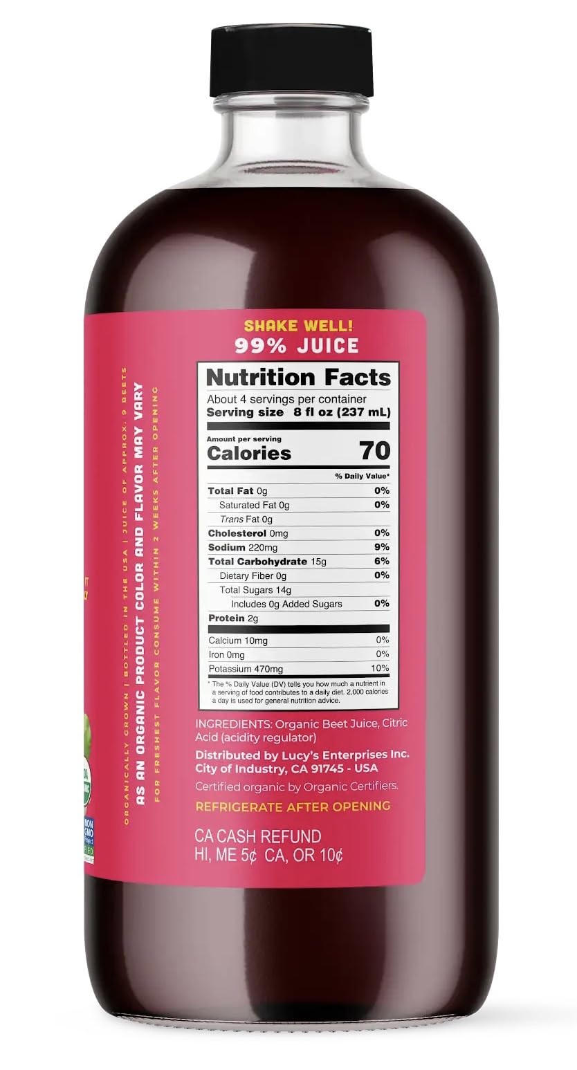 Lucy’s Organic Beet Juice glass pour highlights earthy aroma ideal for smoothies.