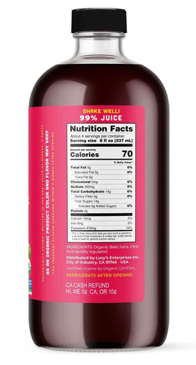 Lucy’s Organic Beet Juice glass pour highlights earthy aroma ideal for smoothies.