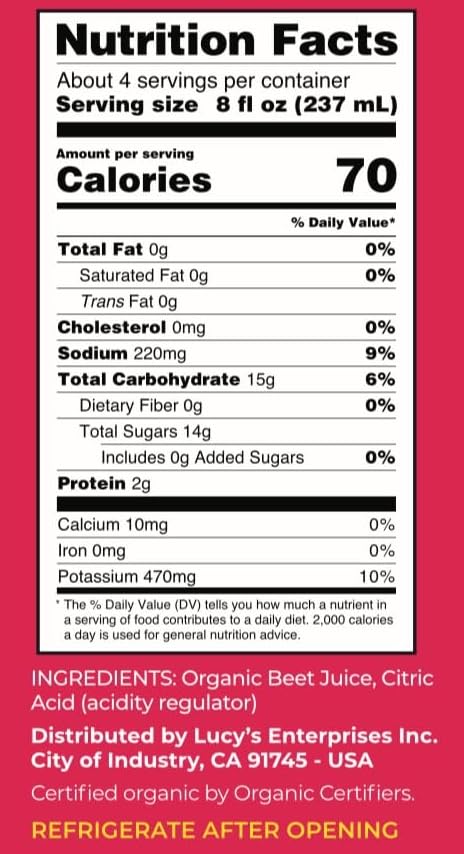 Lucy’s Organic Beet Juice label details organic and non-GMO certification.