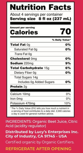 Lucy’s Organic Beet Juice label details organic and non-GMO certification.