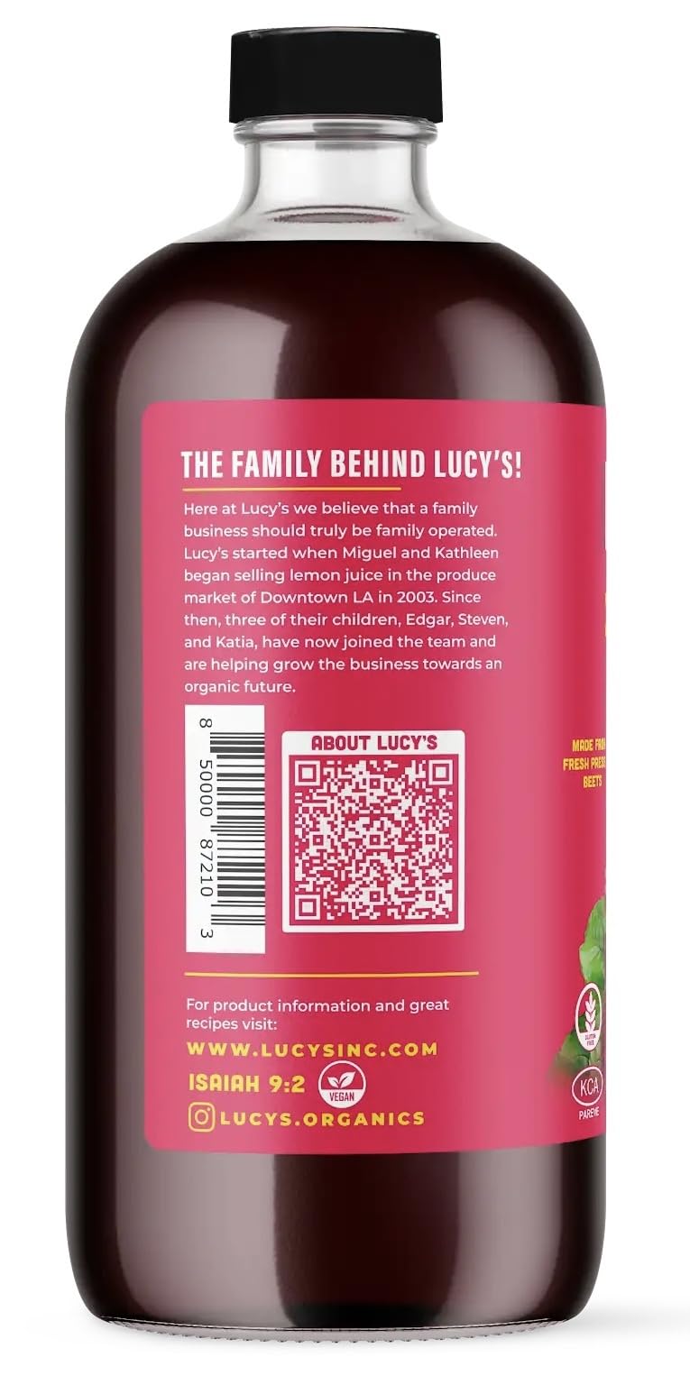 Lucy’s Organic Beet Juice smoothie-ready bottle enhances color and flavor.