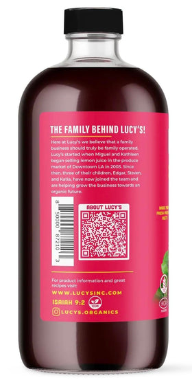 Lucy’s Organic Beet Juice smoothie-ready bottle enhances color and flavor.
