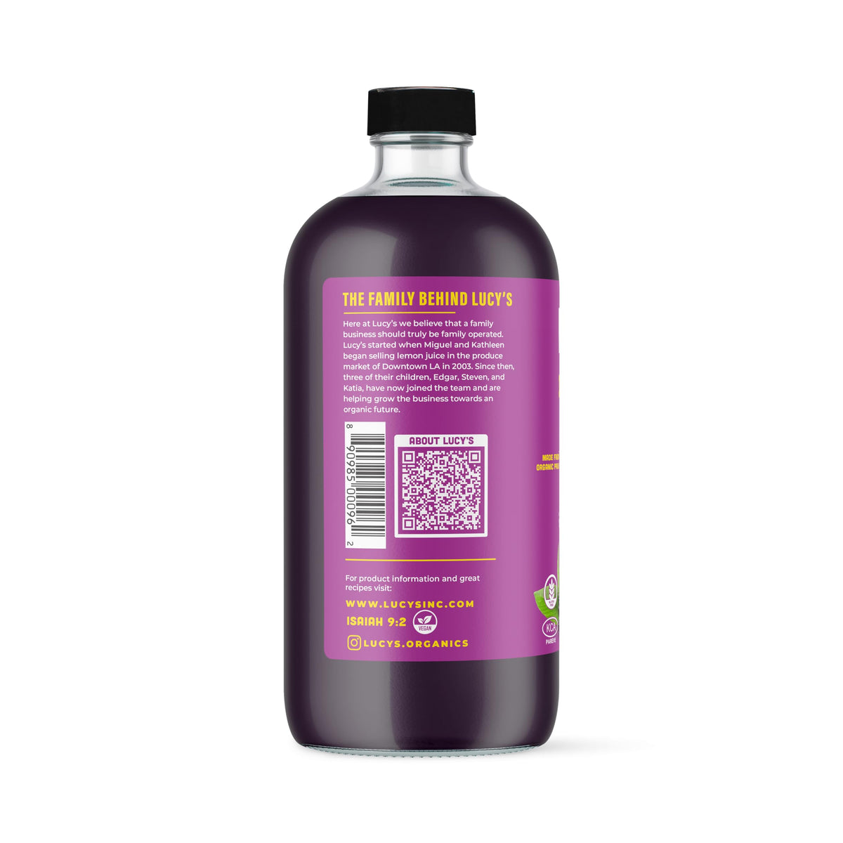 Lucy’s organic prunes farm image communicates sustainable sourcing and farm-to-glass freshness.