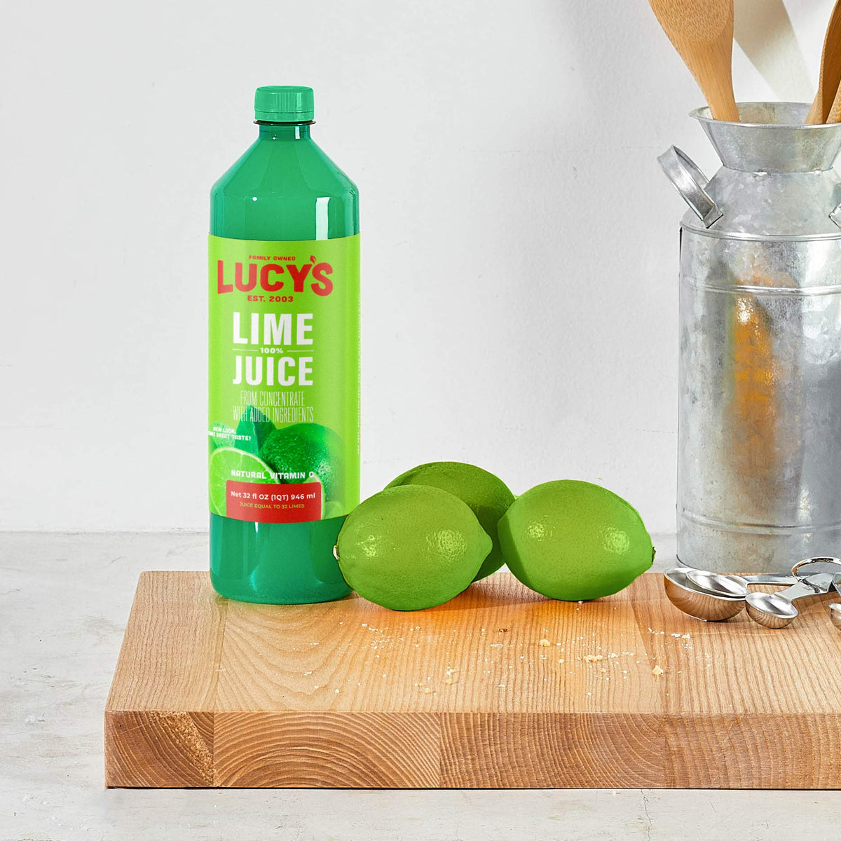 Lucy’s Premium Lime Juice from concentrate preserves fresh lime flavor for cocktails.