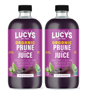 Lucy’s prune juice bottle 34oz pack-2; glass packaging preserves freshness and flavor.