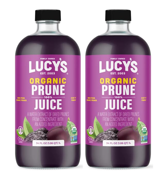 Lucy’s prune juice bottle 34oz pack-2; glass packaging preserves freshness and flavor.