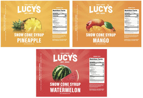 Lucy’s Mango syrup bottle adds bold tropical color and taste.