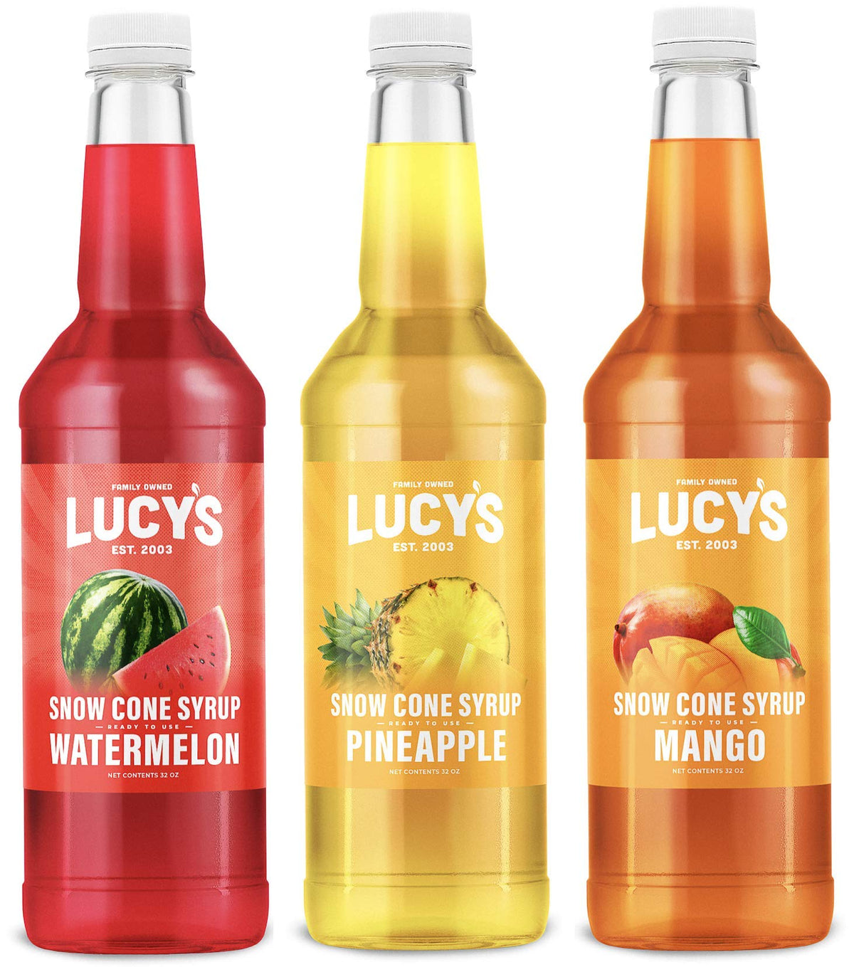 Lucy’s Watermelon syrup bottle for tropical shaved ice, fresh and fruity.