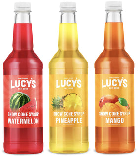 Lucy’s Watermelon syrup bottle for tropical shaved ice, fresh and fruity.