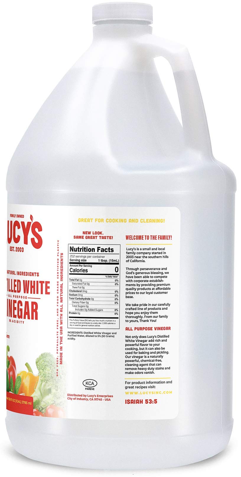 Lucy’s White Vinegar label closeup highlights purity and brand trust.