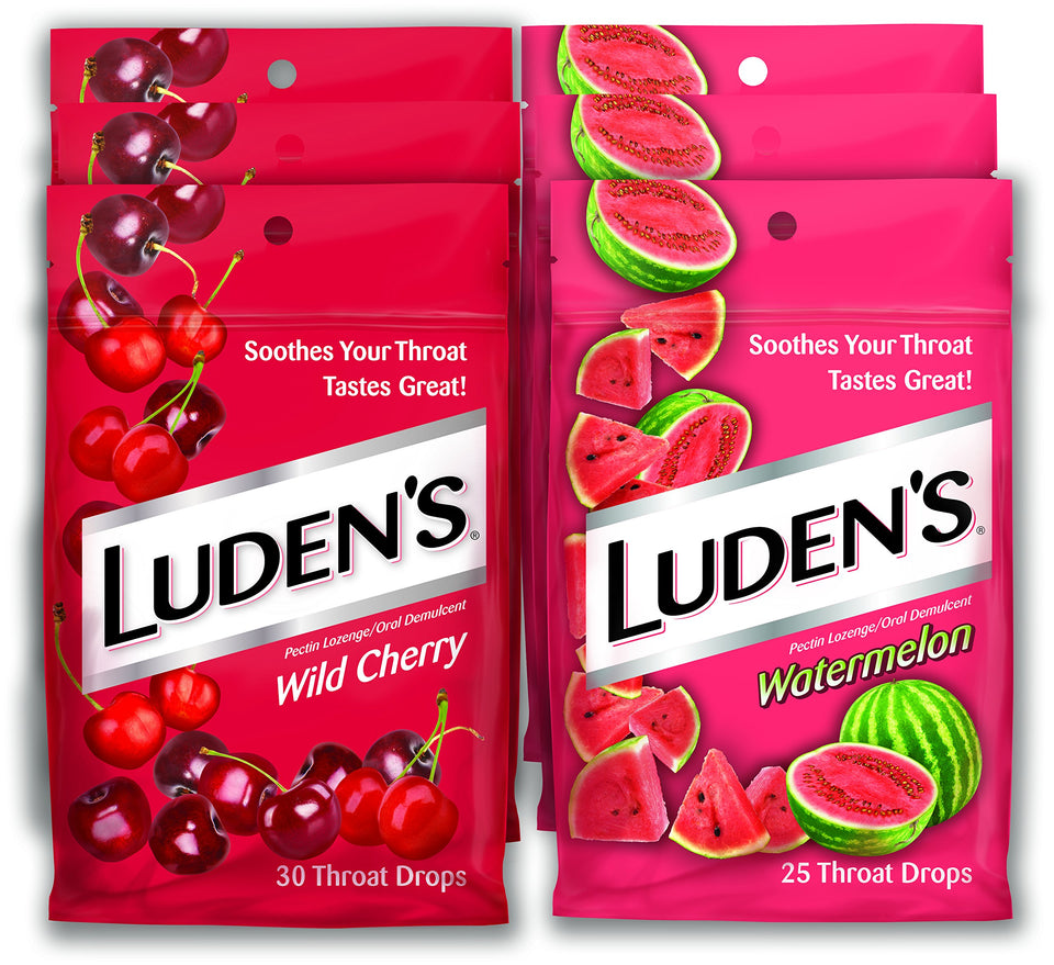 Luden's Wild Cherry & Watermelon throat drops pack with six resealable bags for convenient use