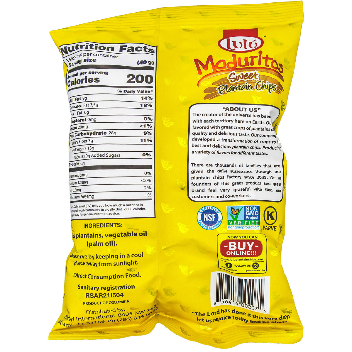 LULU Maduritos ingredients label, shows non GMO and kosher certification icons for trust