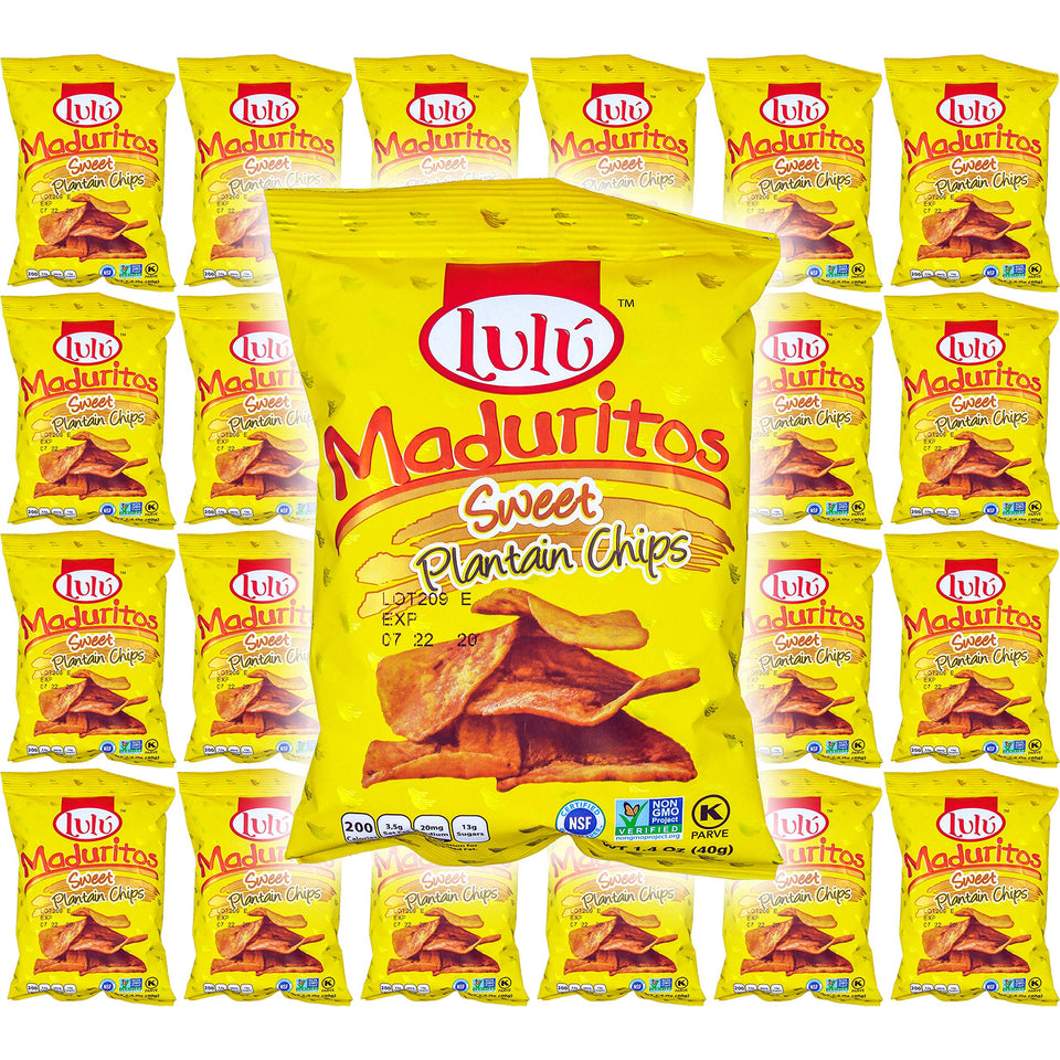 LULU Maduritos sweet plantain chips pack front, a gluten-free snack option