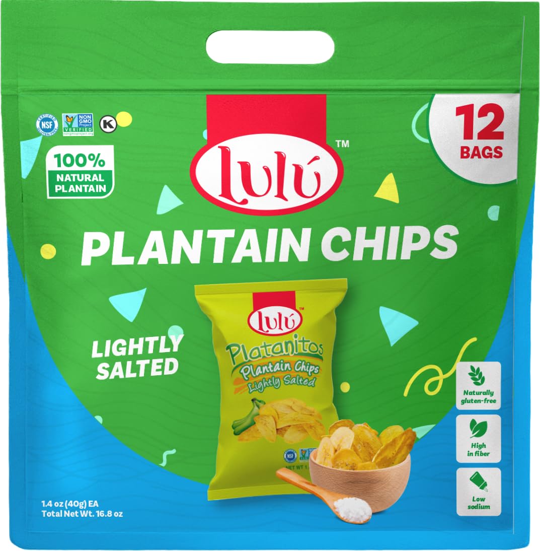 LULU Plantain Chips Salted bag shows a gluten-free, non-GMO snack with a crisp bite.
