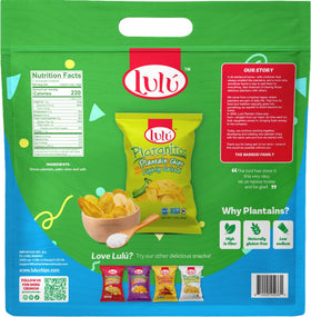 Close-up of LULU Plantain Chips Salted reveals golden, lightly salted crisps ideal for dipping.