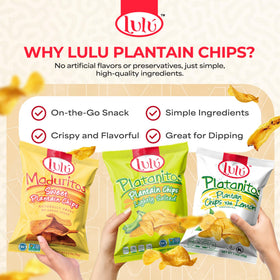 LULU Plantain Chips Variety Pack bag showing 12 snacks.