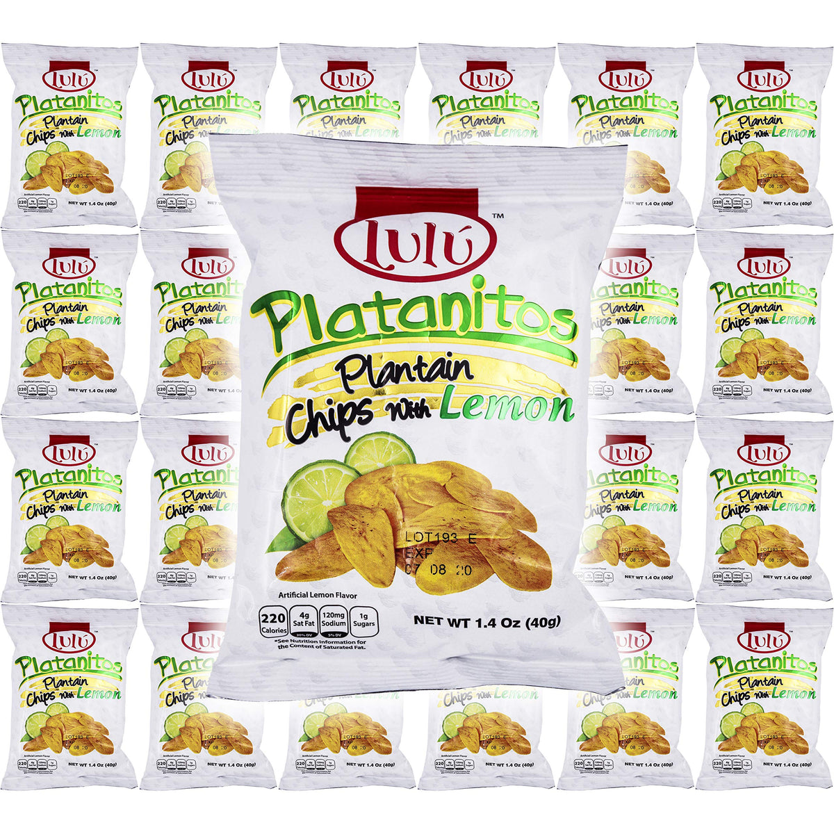 LULU Platanitos lemon plantain chips bag on table, a crisp gluten-free snack option.