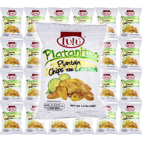 LULU Platanitos lemon plantain chips bag on table, a crisp gluten-free snack option.