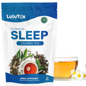 Lulutox Deep Sleep Tea box with 28 pyramid bags for nightly calm.