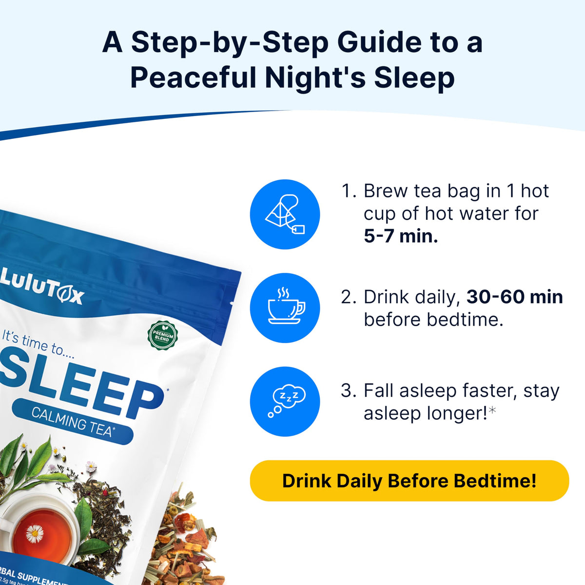 Lulutox Deep Sleep Tea with chamomile and lavender for soothing aroma.