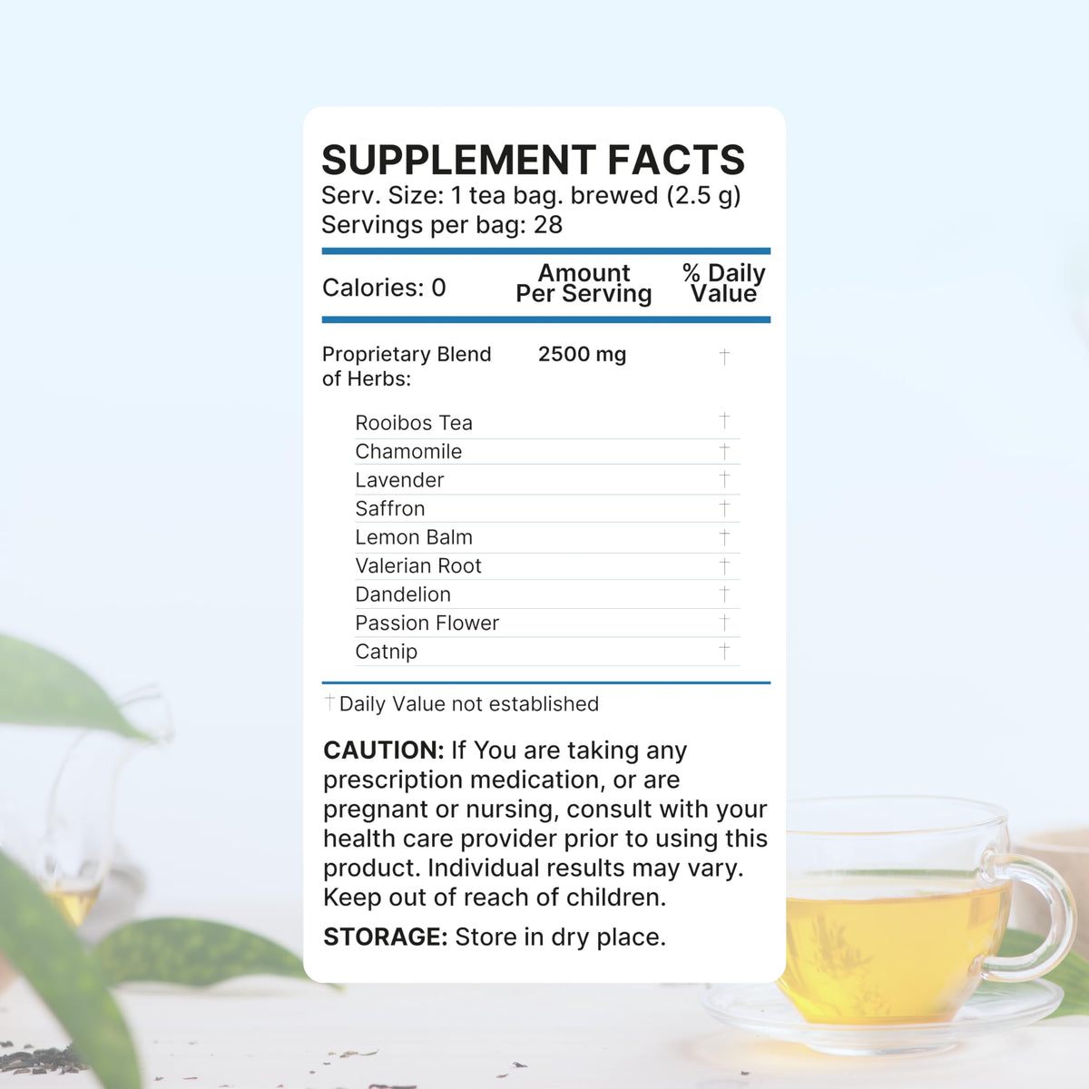 Lulutox Deep Sleep Tea ingredients label highlights natural botanicals.