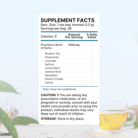 Lulutox Deep Sleep Tea ingredients label highlights natural botanicals.