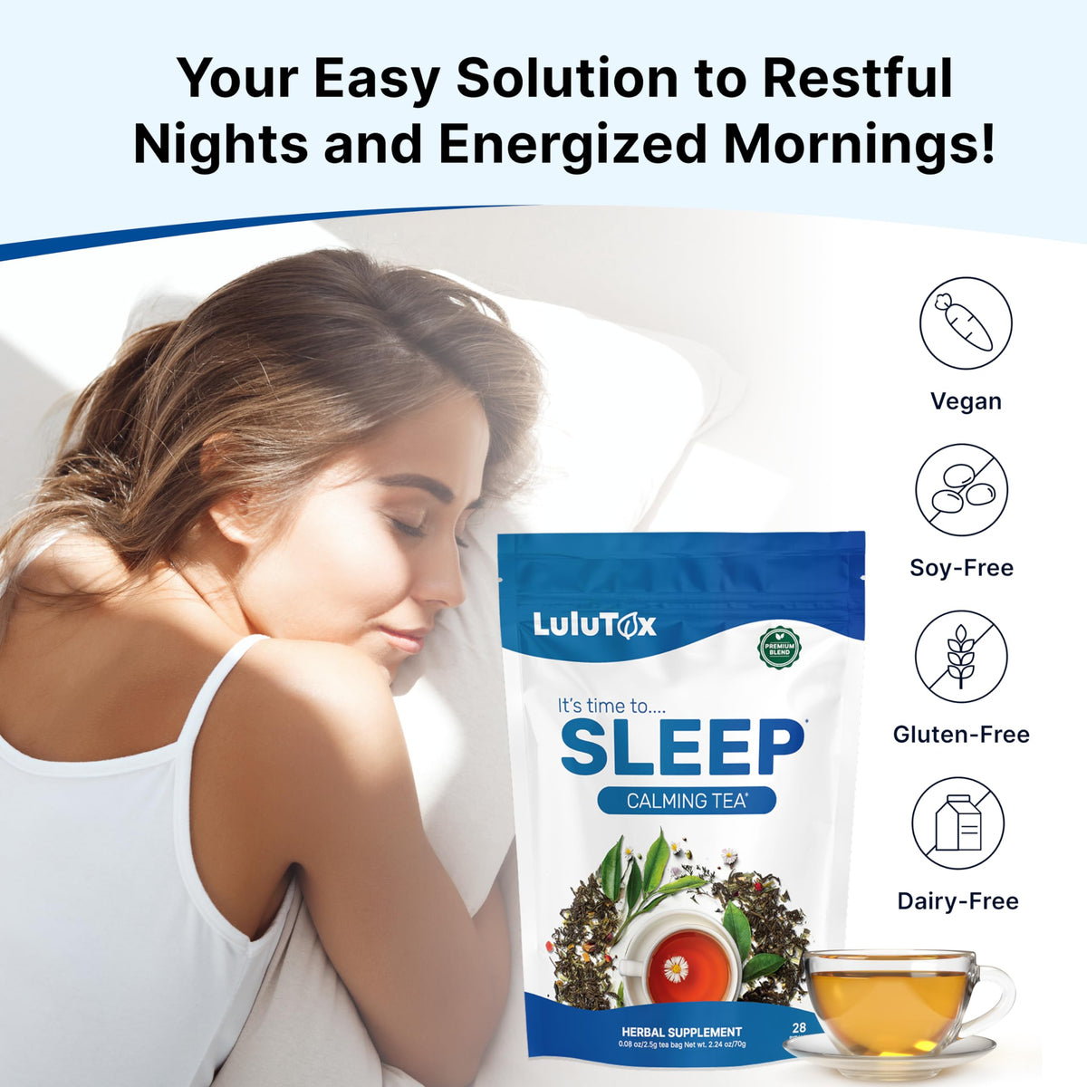 Lulutox Deep Sleep Tea bags ready to steep into a relaxing evening.