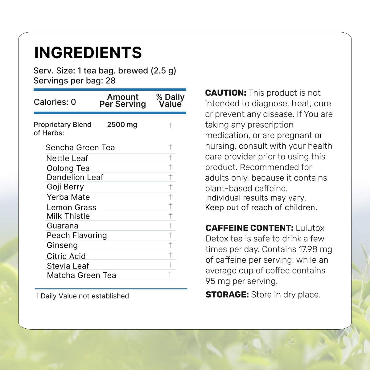 LULUTOX Detox Tea energizing calm cup hints at daytime balance