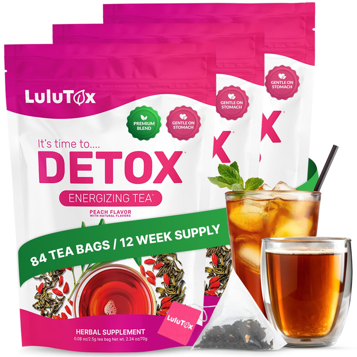 LULUTOX Detox Tea peach cup ready to sip for a refreshing break