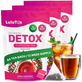 LULUTOX Detox Tea peach cup ready to sip for a refreshing break