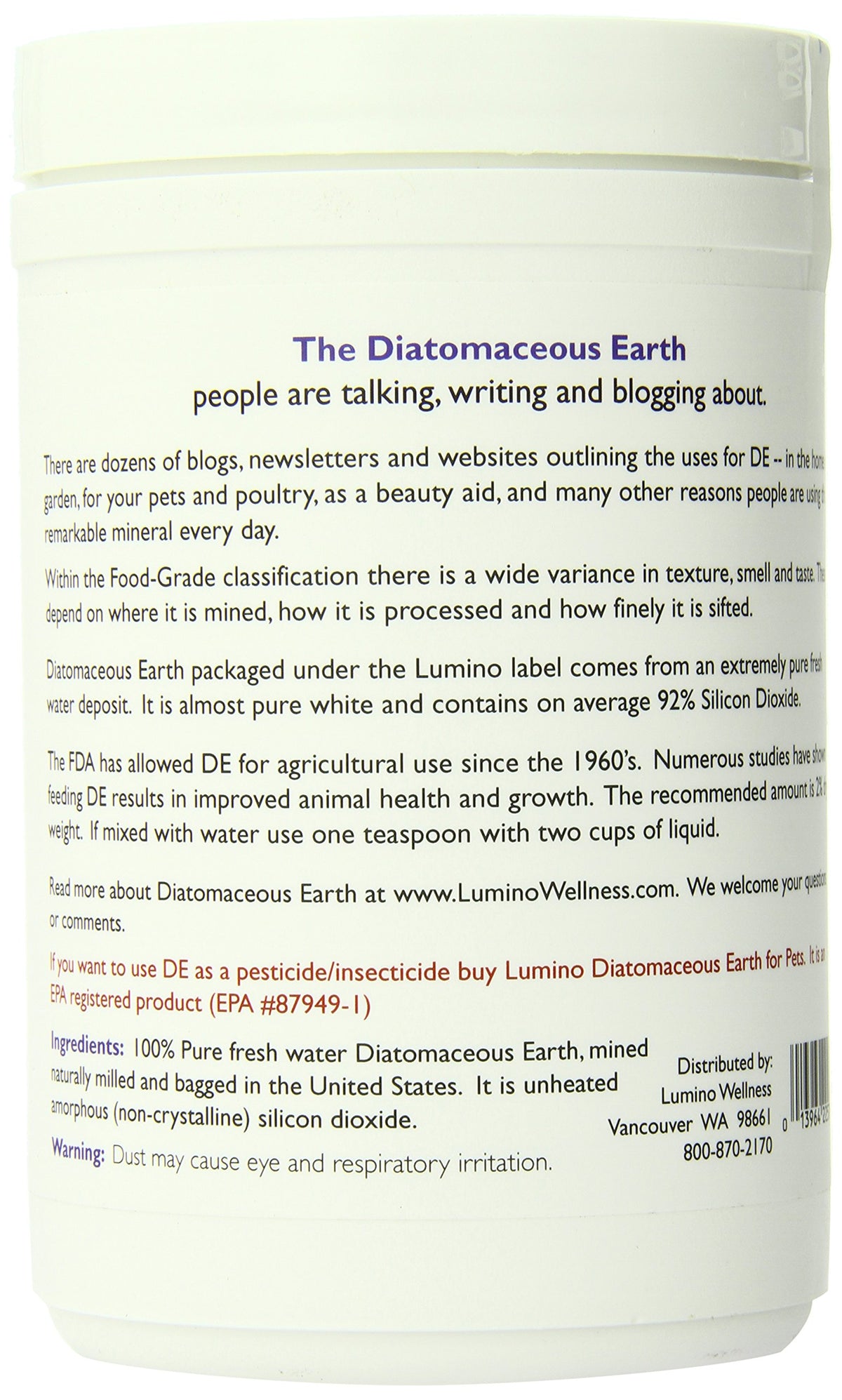 Lumino Home Diatomaceous Earth fine powder packaging for reliable purity