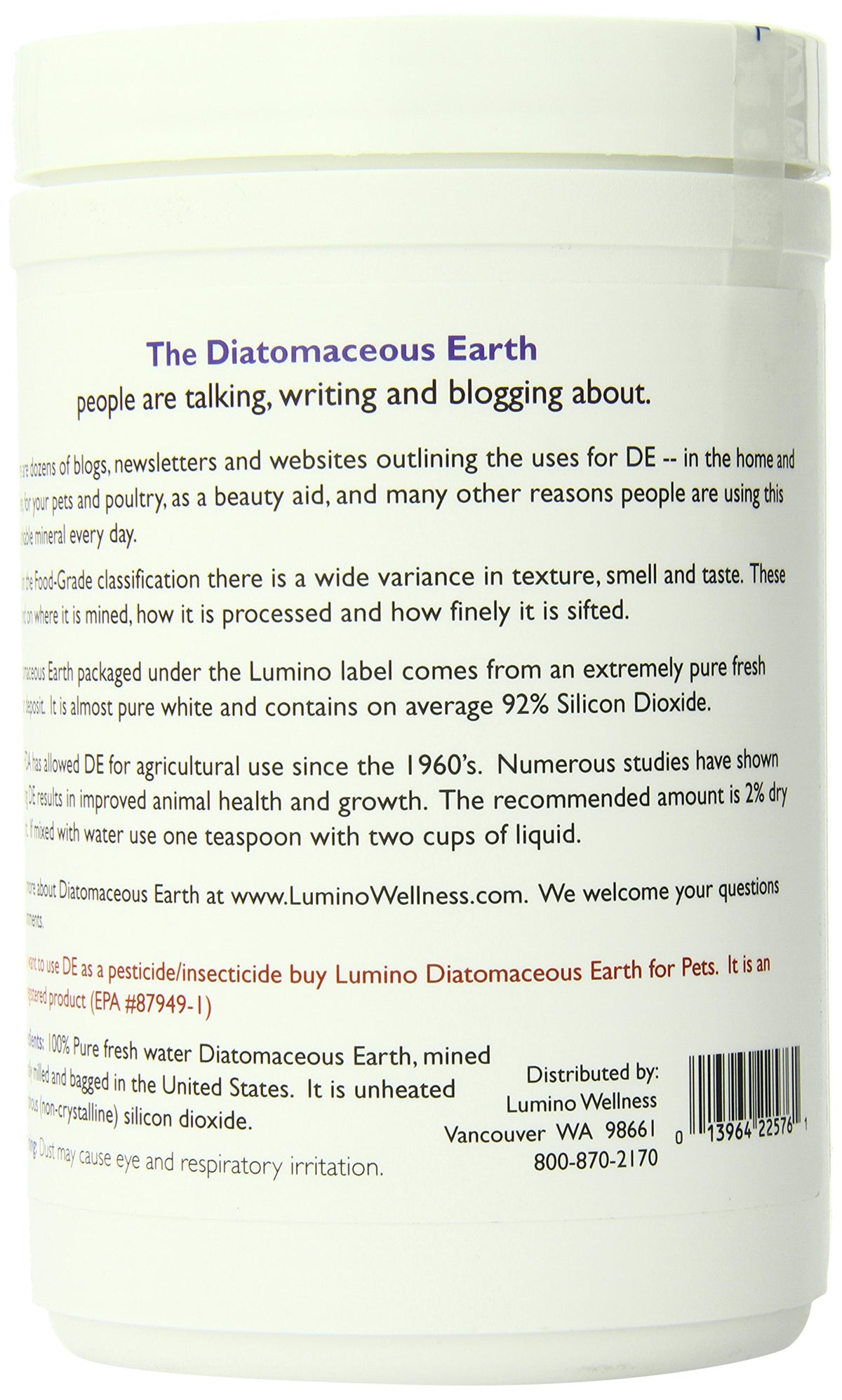 Lumino Home Diatomaceous Earth usage setup with scoop for convenient dosing