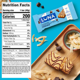 LUNA Bar Chocolatey Dipped Coconut coating close-up emphasizes creamy chocolate flavor