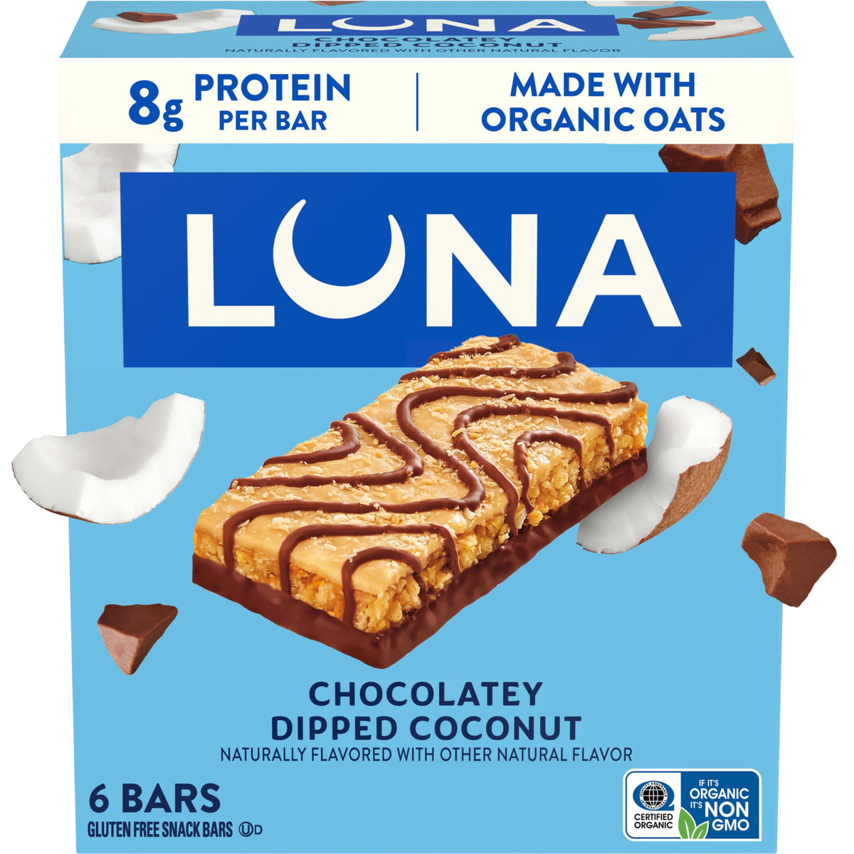 LUNA Bar Chocolatey Dipped Coconut packaging highlights convenient gluten-free snack