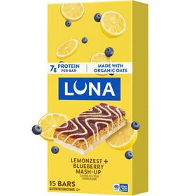 Luna Bar Mash-Ups LemonZest Blueberry bar on shelf highlighting gluten-free, plant-based protein