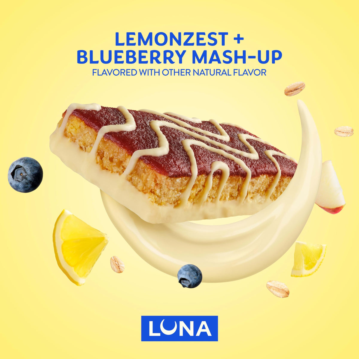 Luna Bar Mash-Ups LemonZest Blueberry ingredients list emphasizing organic oats