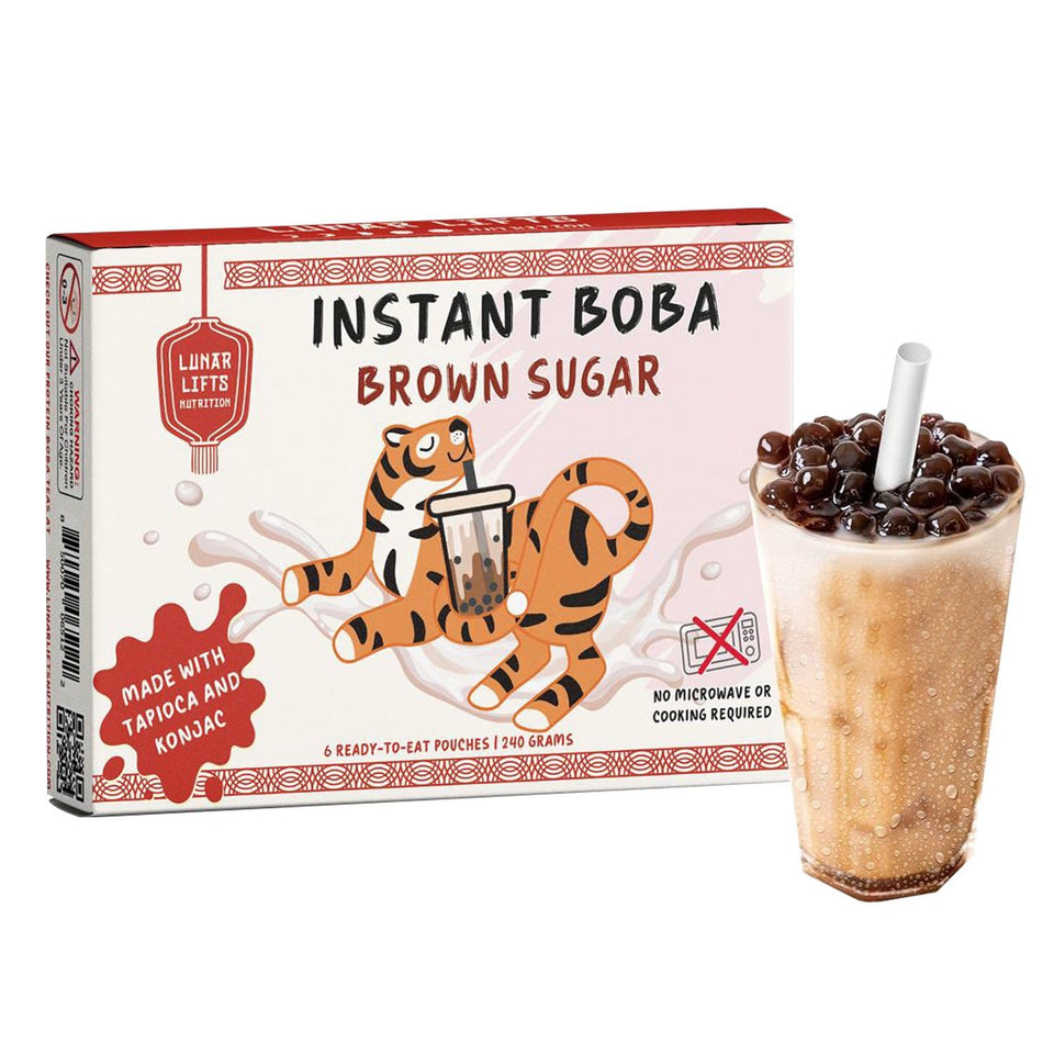 Lunar Lifts Instant Brown Sugar Boba cups ready to top tea for quick convenience.